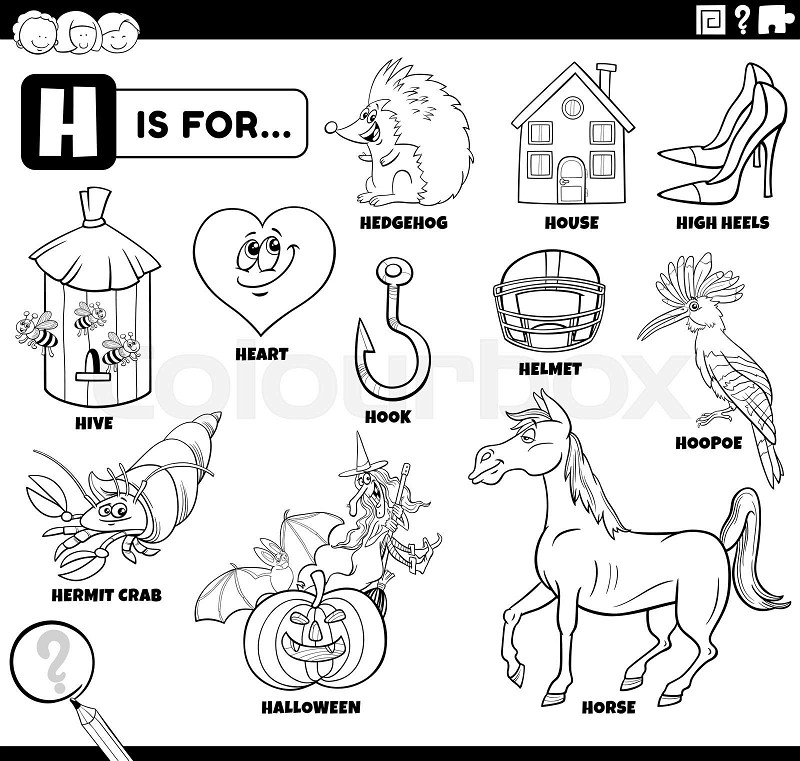 Letter h words educational set coloring book page stock vector