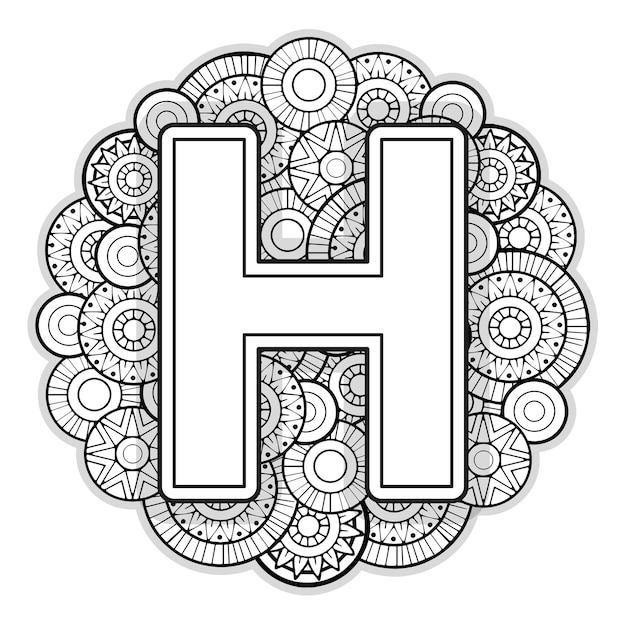 Premium vector vector coloring page for adults contour black and white capital english letter h on a mandala background