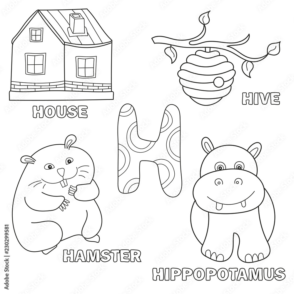 Kids alphabet coloring book page with outlined clip arts letter h