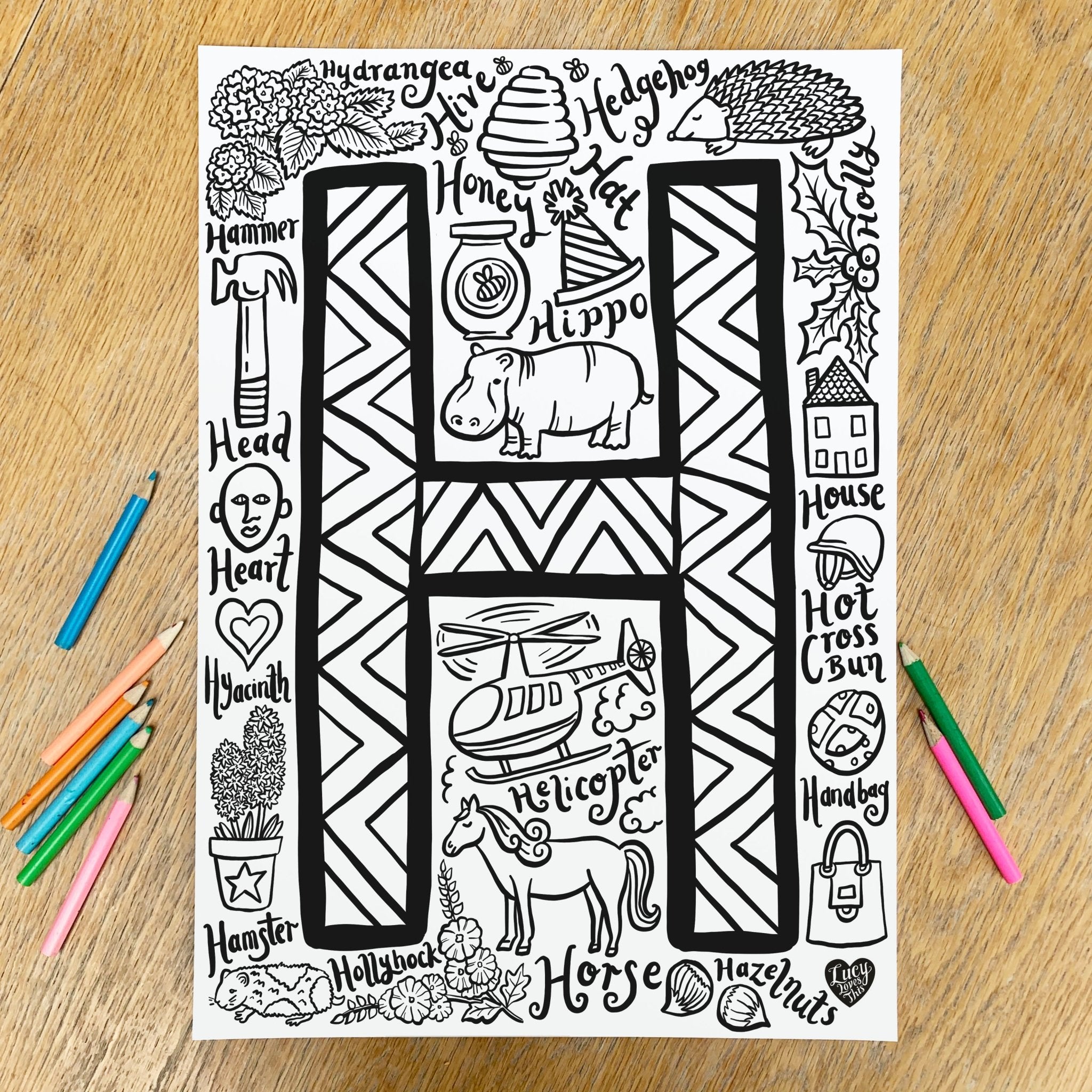 Letter h colouring poster