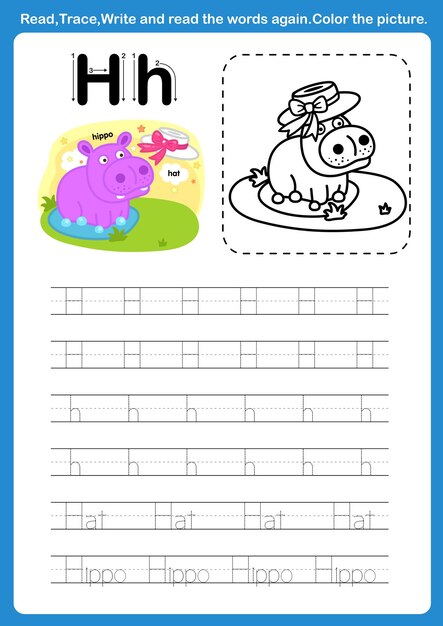 Premium vector alphabet letter h with cartoon vocabulary for coloring book illustration vector