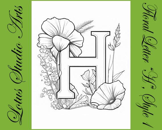 Floral letter h coloring page style downloadable printable alphabet coloring page for adults and teens great for craft projects instant download