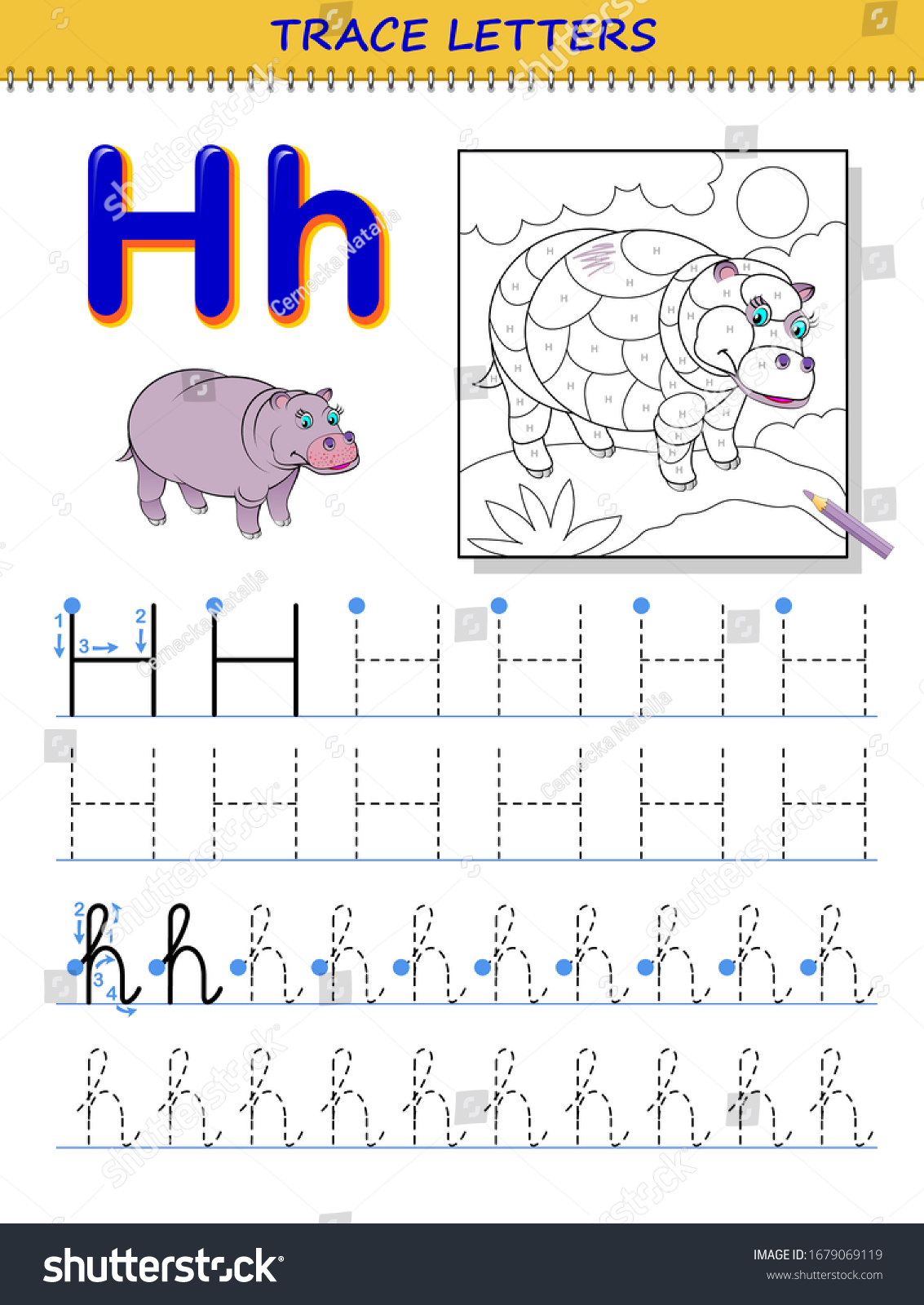 Tracing letter h study alphabet printable stok vektãr telifsiz