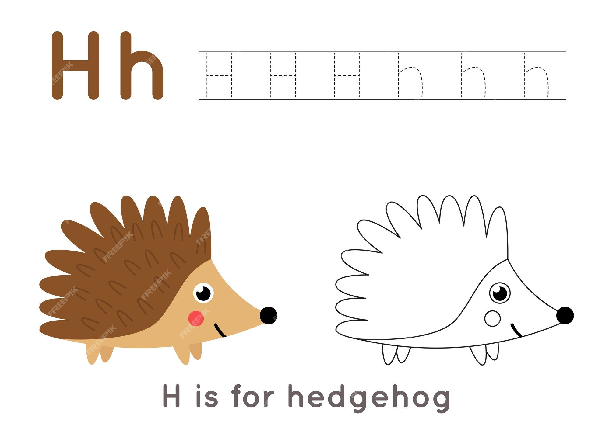 Premium vector coloring page with cute cartoon hedgehog alphabet tracing worksheet with letter h handwriting practice for kids
