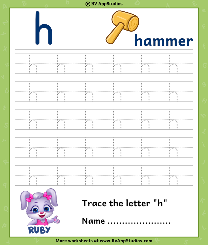 Trace lowercase letter h worksheet for free