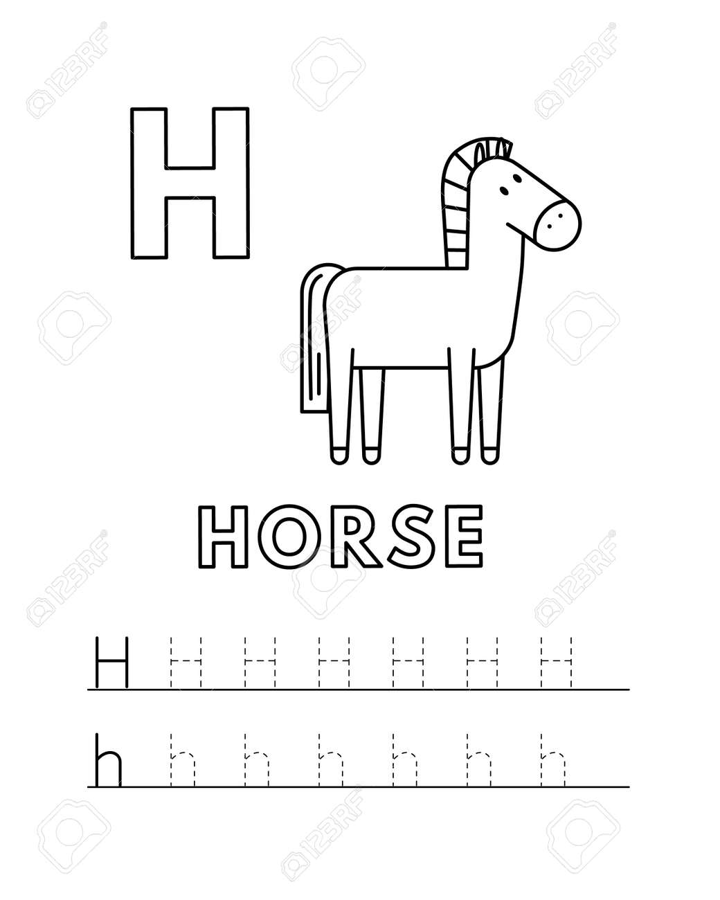 Alphabet with cute cartoon animals isolated on white background coloring pages for children education vector illustration of horse and tracing practice worksheet letter h royalty free svg cliparts vectors and stock illustration