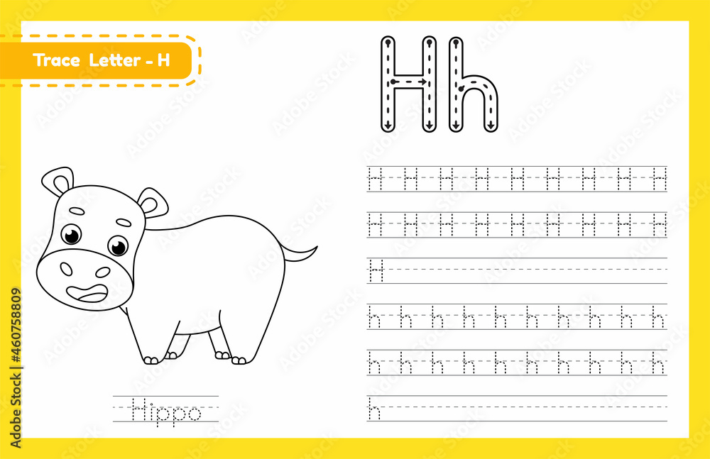 Trace letter h uppercase and lowercase alphabet tracing practice preschool worksheet for kids learning english with cute cartoon animal coloring book for pre k kindergarten vector illustration vector