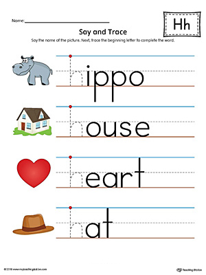 Say and trace letter h beginning sound words worksheet color