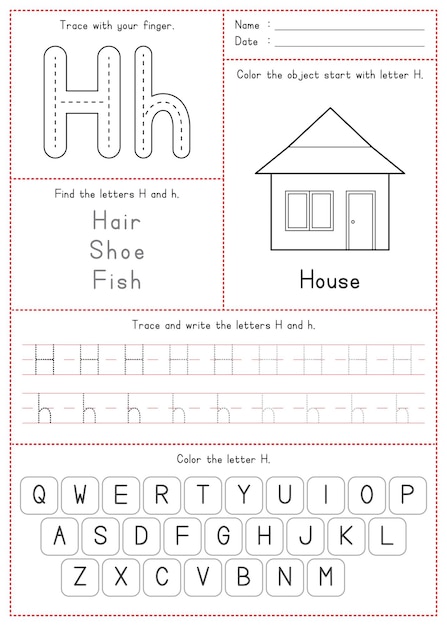 Premium vector children learning printable tracing coloring and writing alphabet h