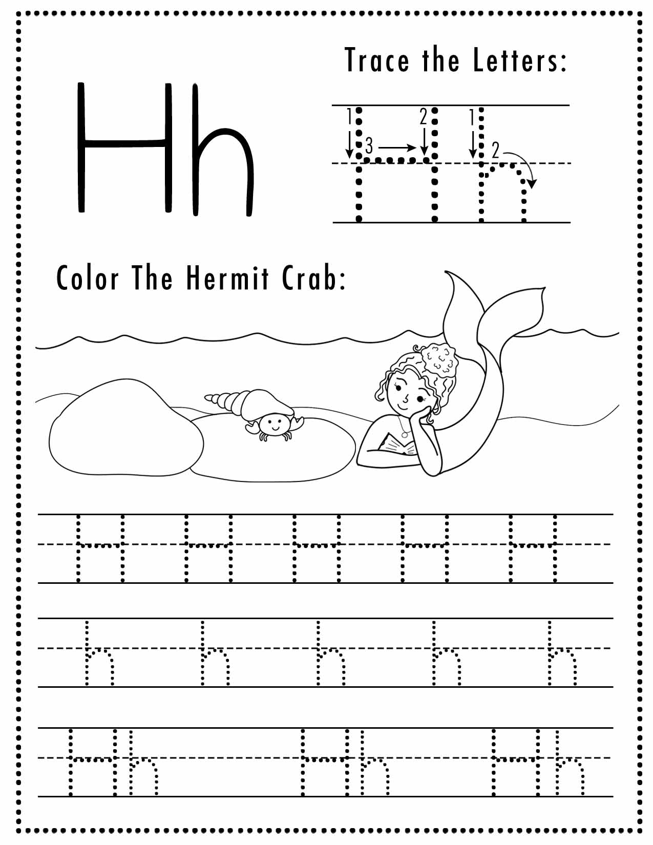 Free letter h tracing worksheet printable mermaid themed