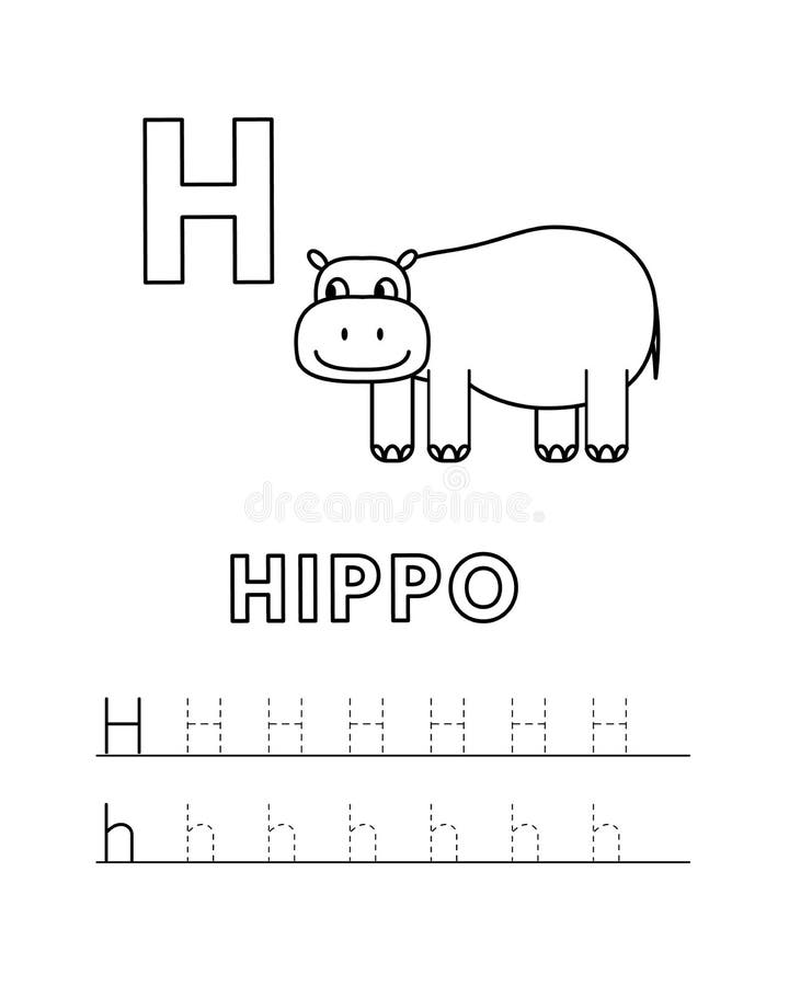 Vector cute cartoon animals alphabet and tracing practice letter h hippo coloring pages stock vector