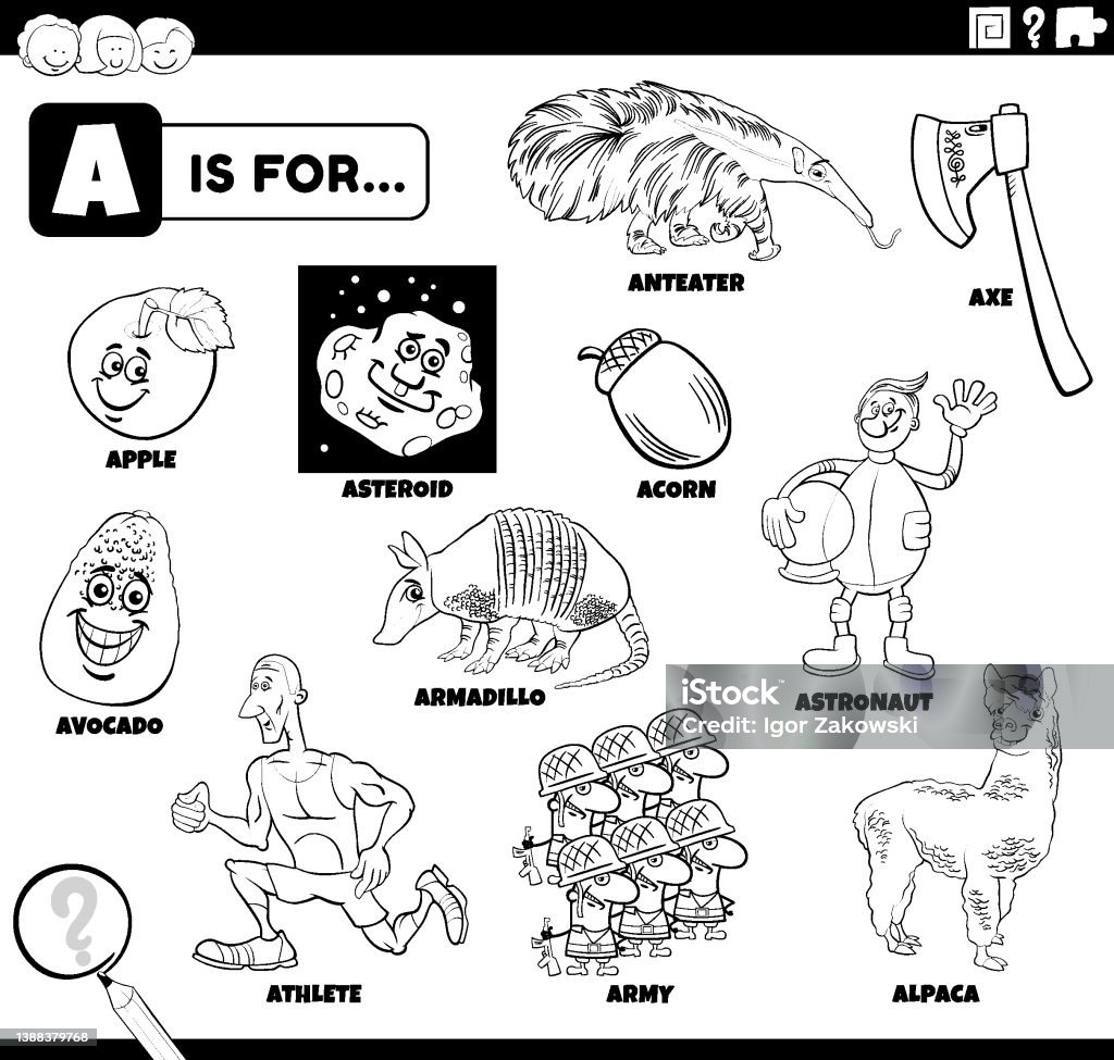 Letter a words educational set for children coloring page stock illustration