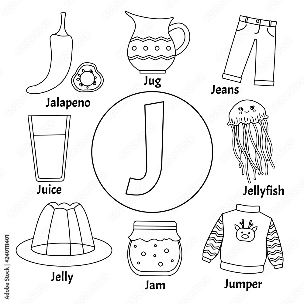 Vector cute kids animal alphabet letter j set of cute cartoon illustrations coloring page vector