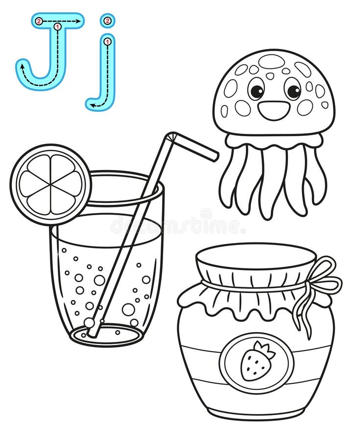 Printable coloring page for kindergarten and preschool card for study english vector coloring book alphabet letter j stock vector