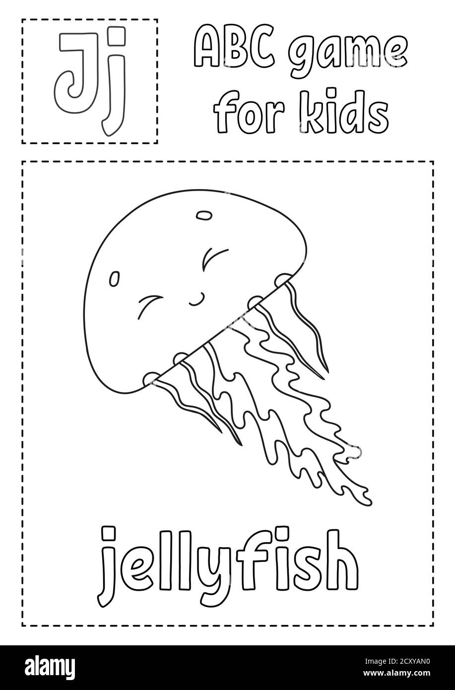 Letter j is for jellyfish abc game for kids alphabet coloring page cartoon character word and letter vector illustration stock vector image art