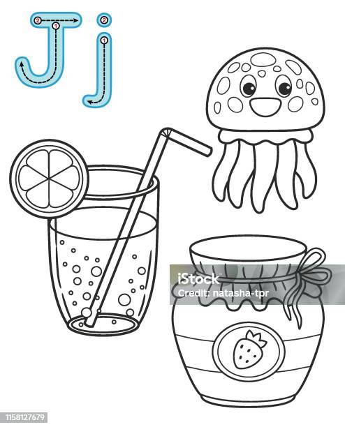 Letter j juice jellyfish jam vector coloring book alphabet printable coloring page for kindergarten and preschool stock illustration