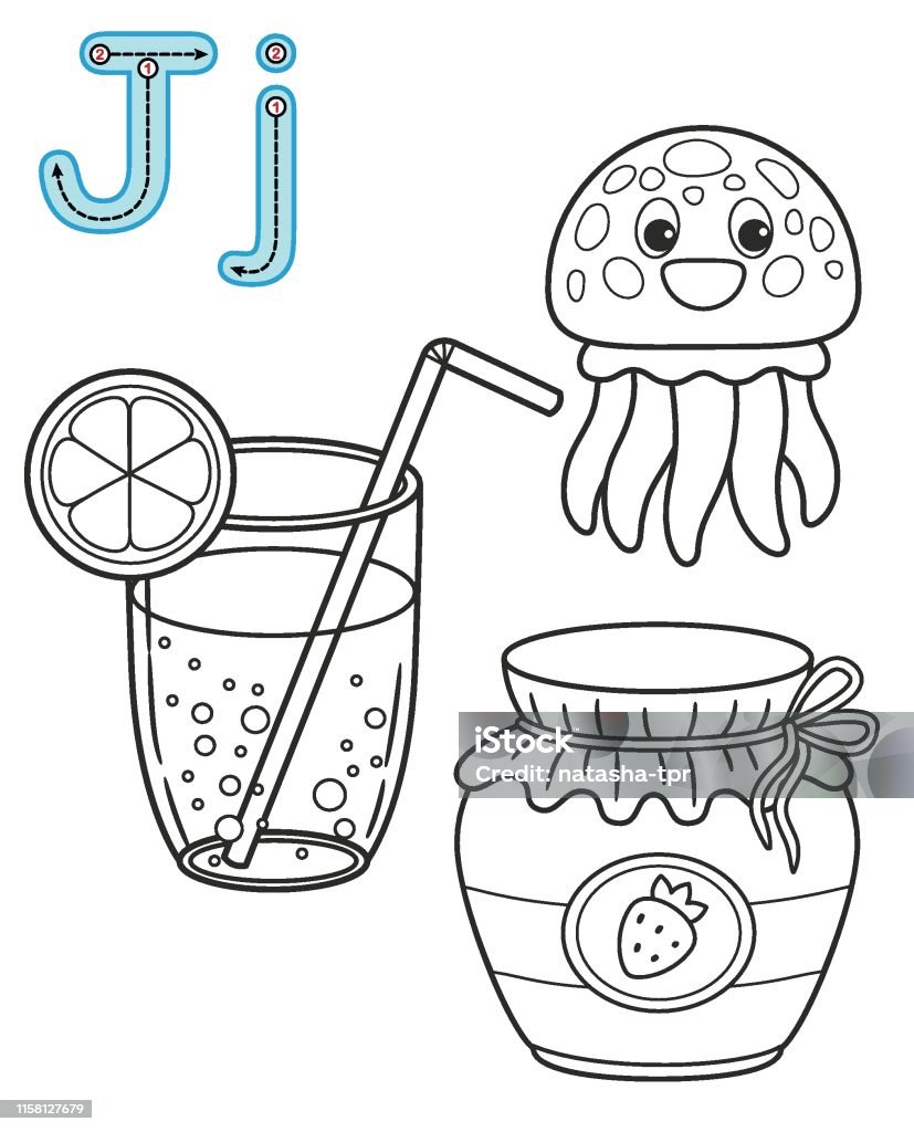 Letter j juice jellyfish jam vector coloring book alphabet printable coloring page for kindergarten and preschool stock illustration