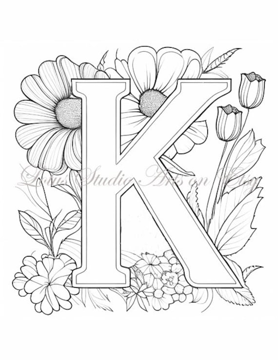 Floral letter k coloring page style downloadable printable alphabet coloring page for adults and teens great for craft projects instant download