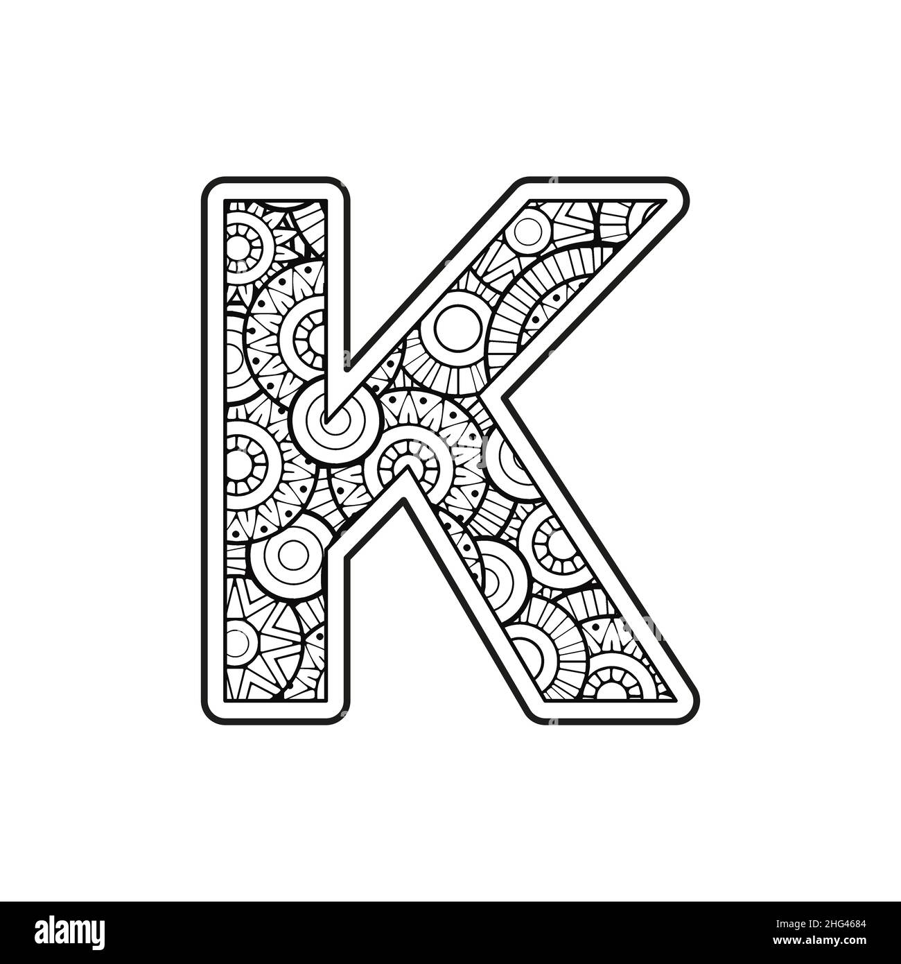 Coloring page for adult contour capital english letter k on a mandala background stock vector image art