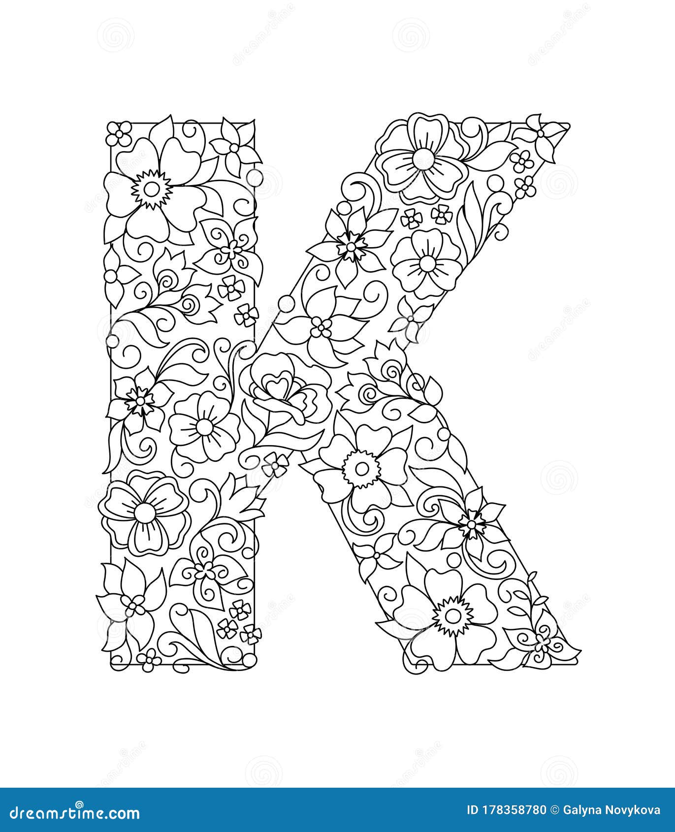 Capital letter k patterned with abstract flowers stock vector