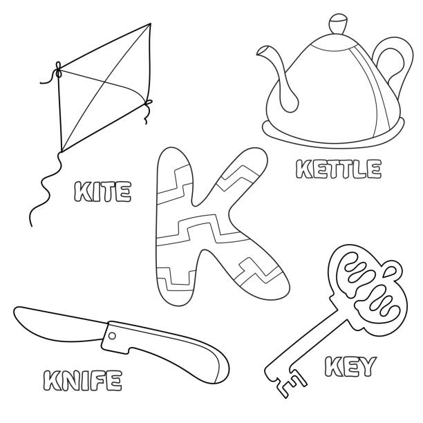 Kids alphabet coloring book page with outlined clip arts letter k stock illustration