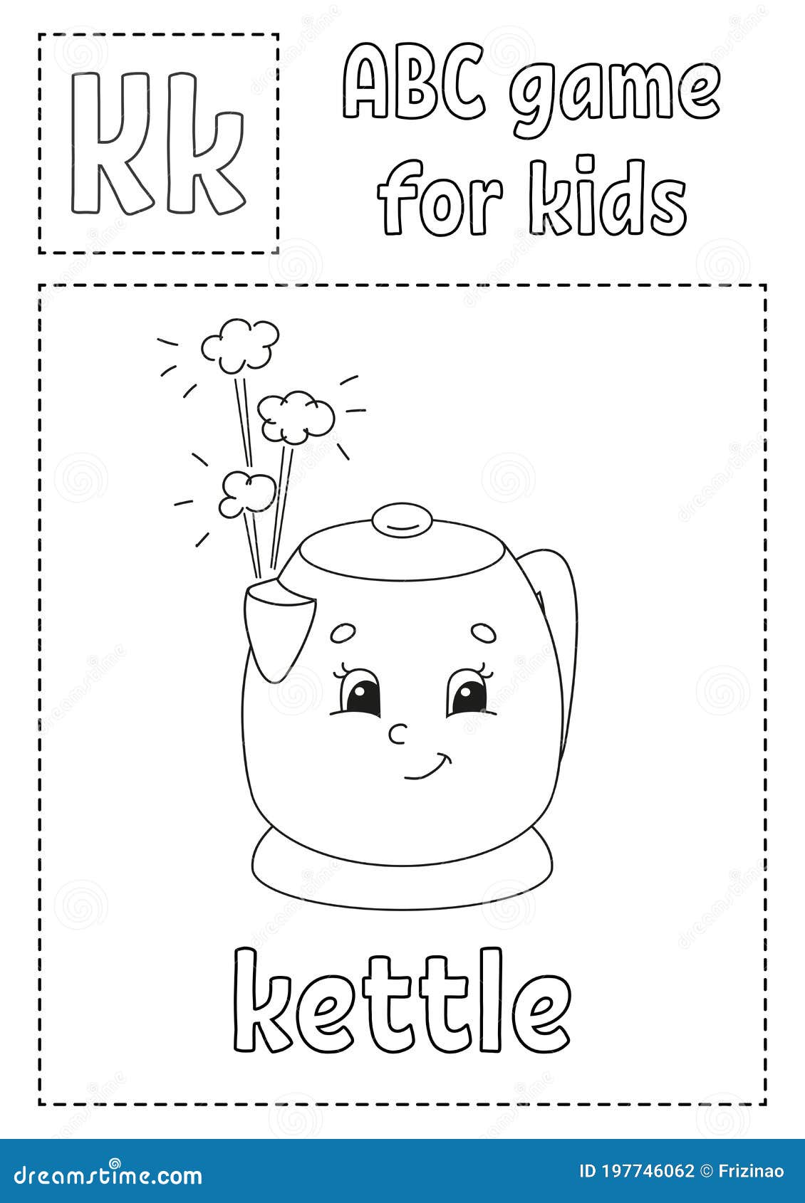 Letter k is for kettle abc game for kids alphabet coloring page cartoon character word and letter stock vector