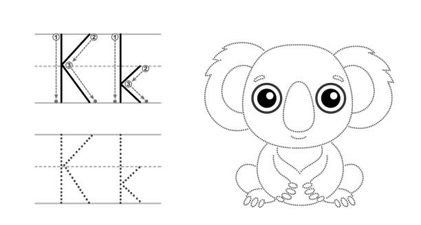 Trace the letter and picture and color it educational children tracing game coloring alphabet letter k and funny koala stock illustration