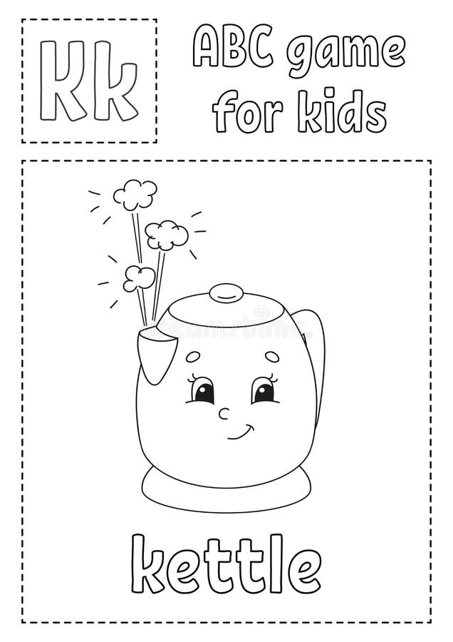 Letter k is for kettle abc game for kids alphabet coloring page cartoon character word and letter stock vector