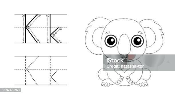Trace the letter and picture and color it educational children tracing game coloring alphabet letter k and funny koala stock illustration
