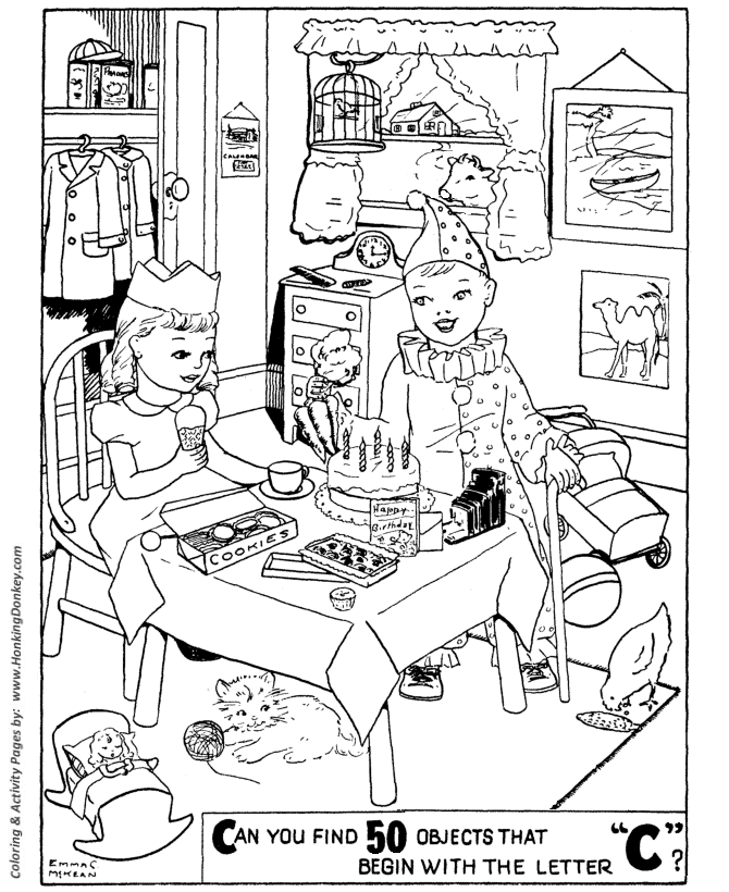 Printable kids birthday hidden objects coloring activity pages for pre