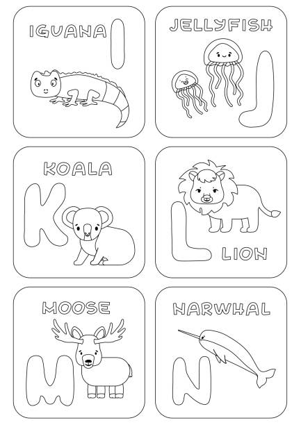 English in alphabet family kids game coloring pages with animals and letters that can be used for learning education relax childish games vector cartoon doodle illustrations for print stock illustration