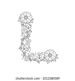 Floral alphabet letter l coloring book stock vector royalty free