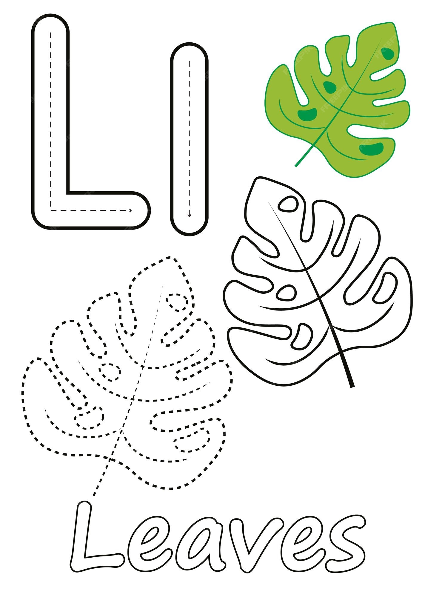 Premium vector coloring pages of leaves and the letter l suitable for use in childrens coloring books