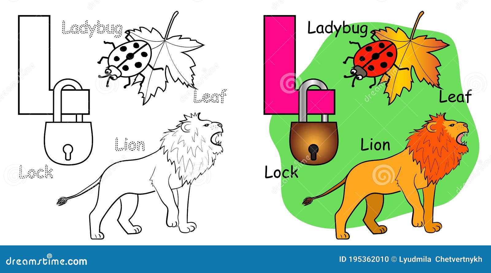 English alphabet coloring book page for children letter l is for lion leaf ladybug lock stock vector