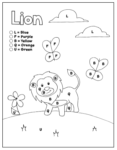 Coloring pages by letter set letters l f b q u