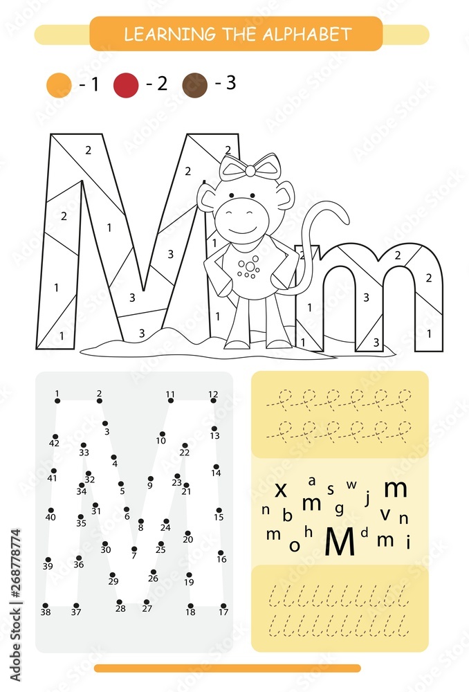 Letter m and funny cartoon monkey animals alphabet a