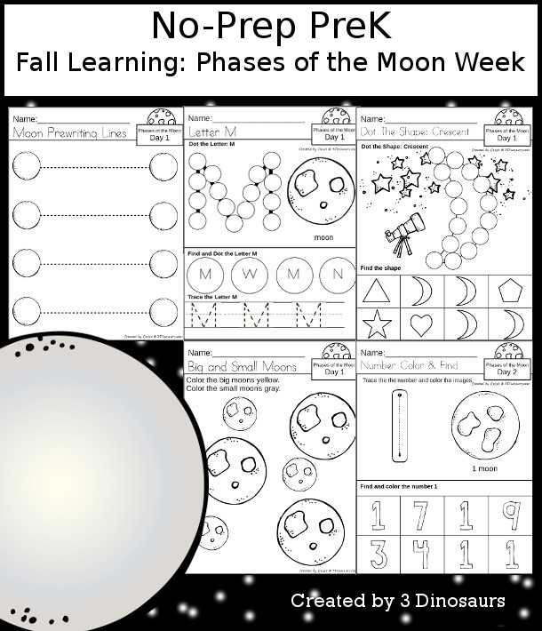 Phases of the moon weekly packs â prek to fourth grade dinosaurs
