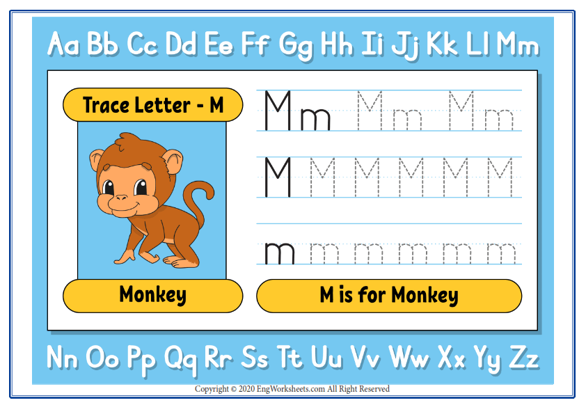Alphabet letter m exercise with cartoon vocabulary