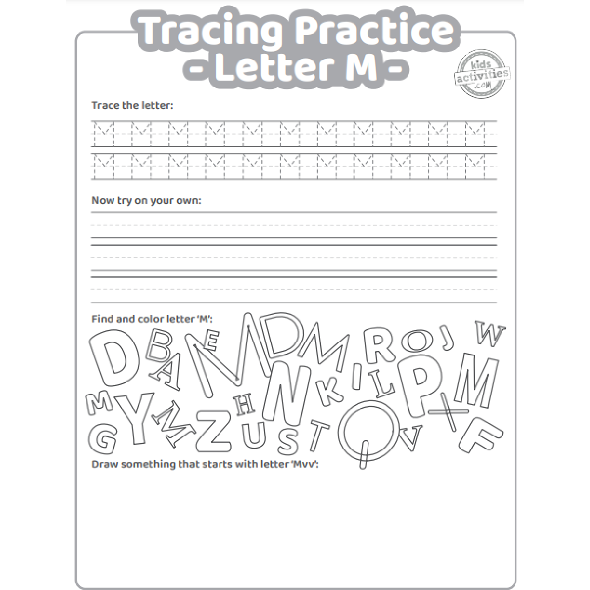 Free letter m practice worksheet trace it write it find it draw kids activities blog