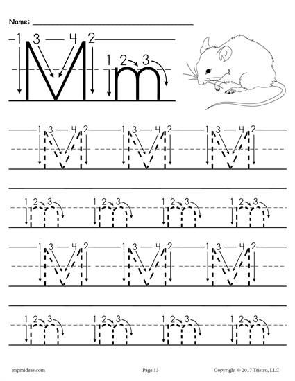 Printable letter m tracing worksheet with number and arrow guides letter m worksheets writing practice worksheets tracing worksheets