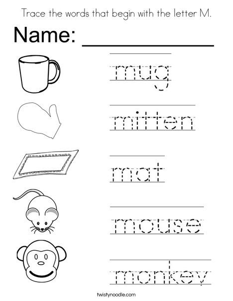 Trace the words that begin with the letter m coloring page letter m worksheets kindergarten worksheets preschool worksheets