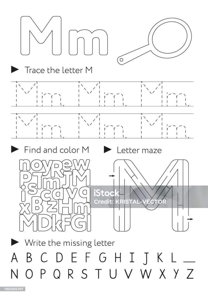 Handwriting workbook for children worksheets for learning letters activity book for kids black and white educational pages for preschool letter m stock illustration
