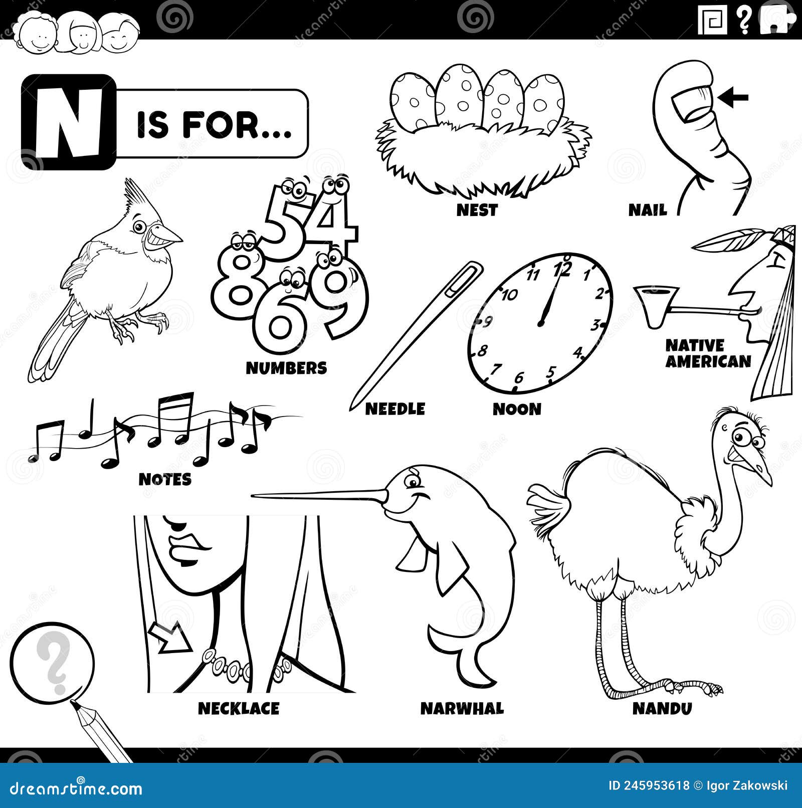 Letter n words educational set coloring book page stock vector