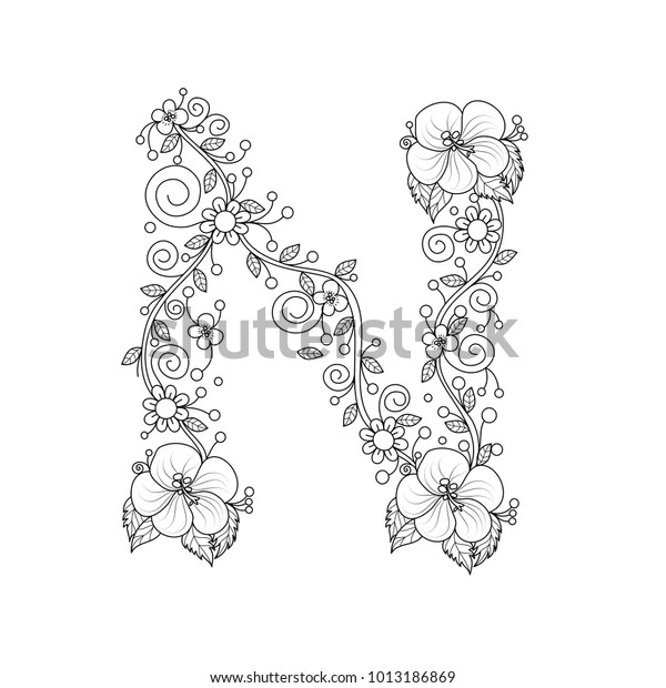 Floral alphabet letter n coloring book stock vector royalty free