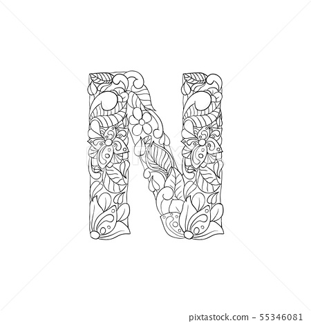 Coloring book ornamental alphabet letter n font