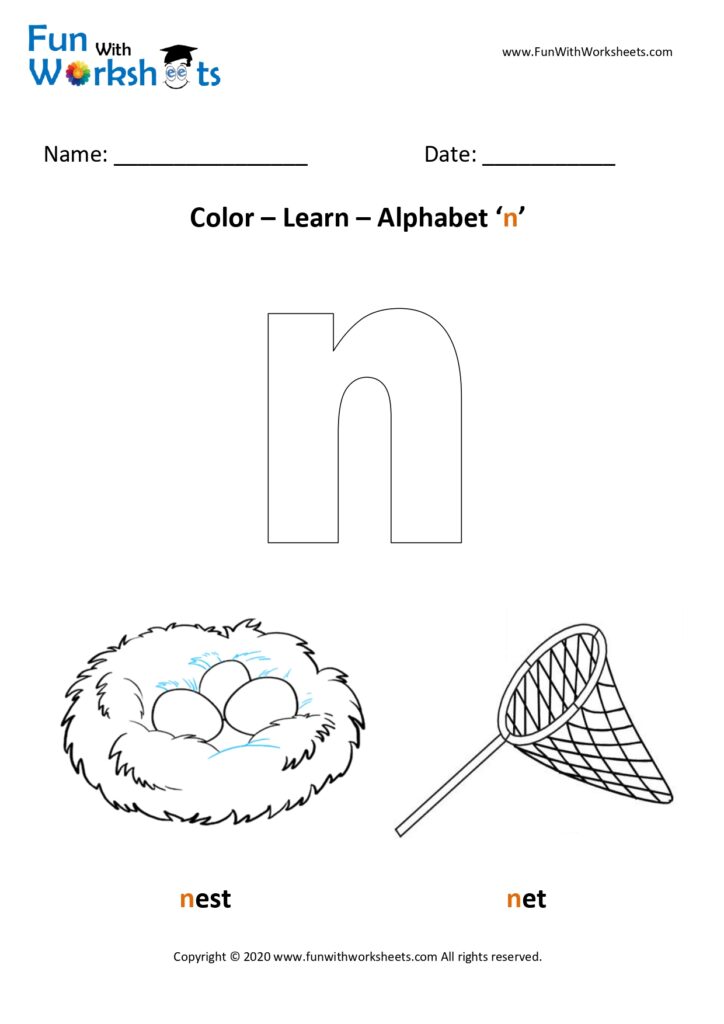 Color and learn small alphabets letter n