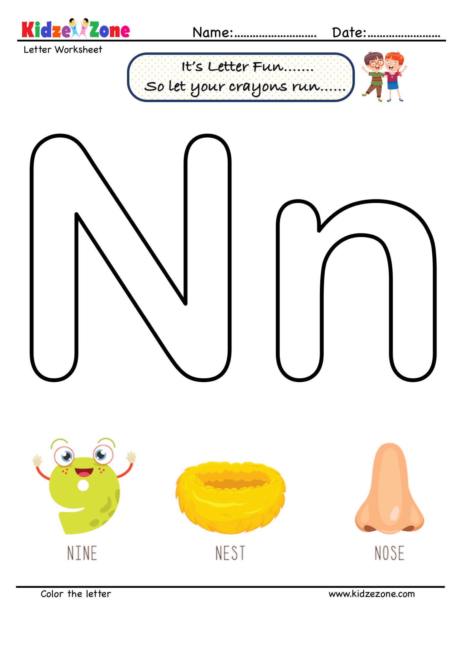 Letter n coloring worksheet