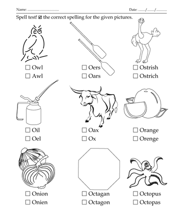 Spelling test letter start with o printable coloring worksheet