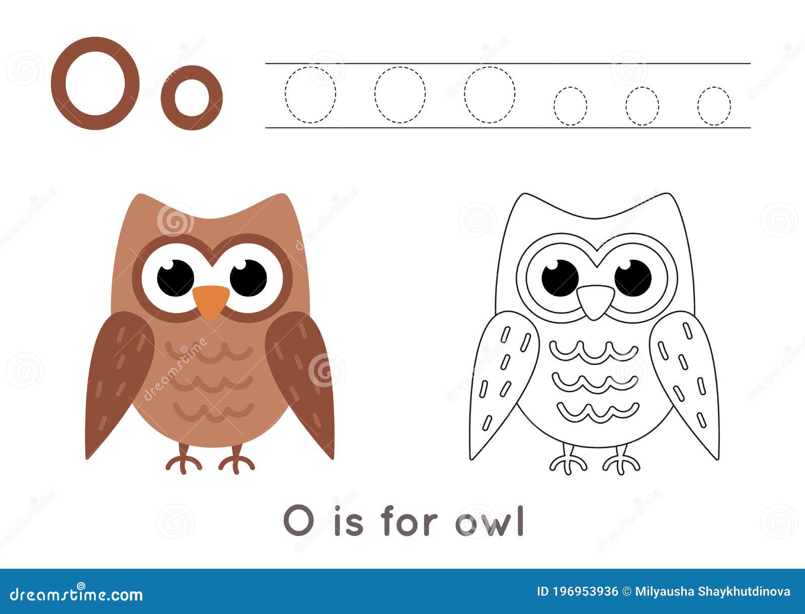 Coloring and tracing page with letter o and cute cartoon owl stock vector