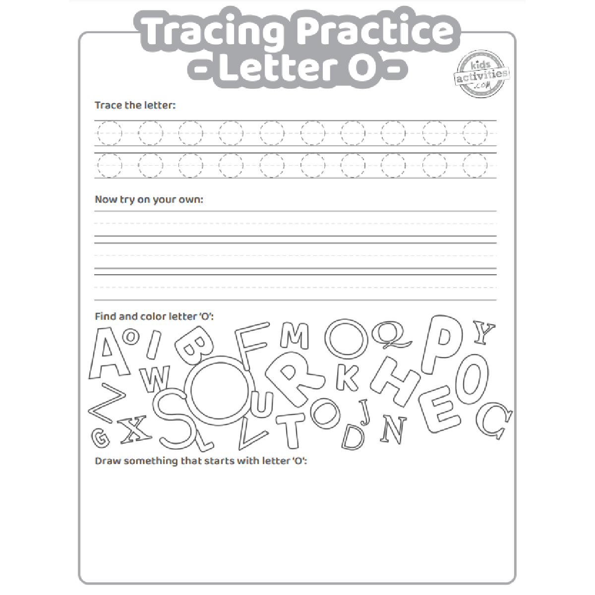 Free letter o practice worksheet trace it write it find it draw kids activities blog